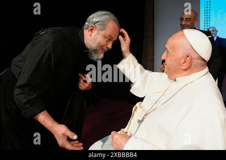 Roma, Italia. 11 giugno 2024. **NO LIBRI** Italia, Roma, 2024/6/11. Papa Francesco durante la riunione sacerdotale presso la Pontificia Università Salesiana di Roma . Foto dei MEDIA VATICANI / Catholic Press Photo Credit: Agenzia fotografica indipendente / Alamy Live News Foto Stock