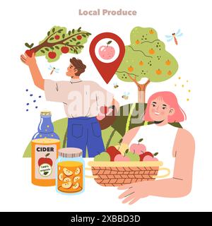 Concetto di vita agricola. Una gioiosa rappresentazione della raccolta e dei prodotti locali con gli agricoltori tra i meli. Agricoltura biologica, frutta fresca e fascino rurale. Illustrazione vettoriale. Illustrazione Vettoriale