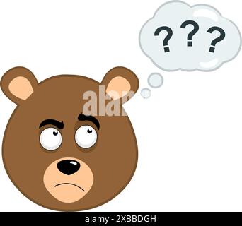 l'illustrazione vettoriale affronta un cartone animato grizzly con orso marrone, con un'espressione dubbiosa o pensante e una nuvola di pensiero con domanda Illustrazione Vettoriale