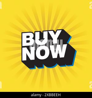 Acquista ora tag per la promozione aziendale. Acquista ora banner di testo 3d, poster e modello su sfondo giallo. Cartello con il prezzo dell'offerta speciale. Sconti pubblicitari Illustrazione Vettoriale