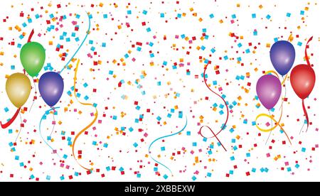 Coriandoli con sfondo a nastro, modello celebrativo, esplosione di Confetti, palloncini colorati, palloncini colorati, sfondo coriandoli Illustrazione Vettoriale