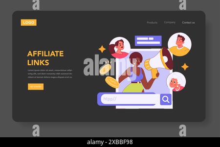 Concetto di Influencer Marketing. Gli influencer digitali promuovono i prodotti tramite link di affiliazione. Personaggi diversi, reddito online, strategie di marketing. Illustrazione vettoriale. Illustrazione Vettoriale