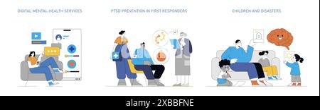 Set di psicologia dei disastri. Strategie di gestione per la salute mentale digitale, prevenzione PTSD nei soccorritori e aiutare i bambini. Terapia online, supporto, rafforzamento della resilienza. Illustrazione vettoriale. Illustrazione Vettoriale