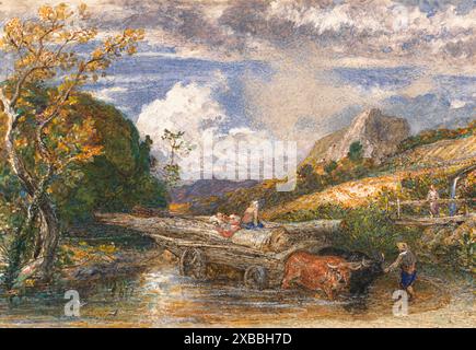 Dipinto di un carro in legno che attraversa un ruscello dell'artista Samuel Palmer Art ArtWork, vista storica del XIX secolo Foto Stock