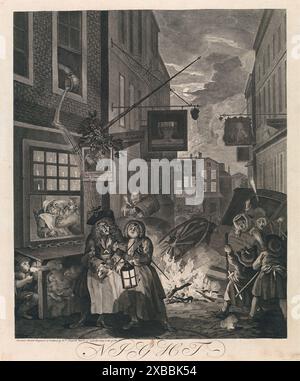 Le quattro volte della notte del giorno incisioni di William Hogarth nel 1738, satira dell'era georgiana divertenti caricature umane Foto Stock