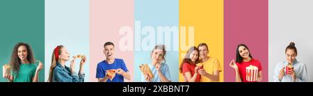 Gruppo di giovani con deliziosi fast food su sfondo colorato Foto Stock