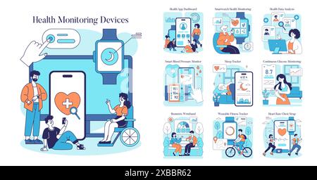 Set di dispositivi di monitoraggio dello stato. Tecnologia avanzata per il monitoraggio della salute personale. Gadget indossabili, app mobili e attrezzature mediche. Illustrazione vettoriale. Illustrazione Vettoriale