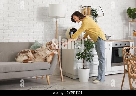 Bella giovane donna con carino cane pastore australiano in cucina Foto Stock