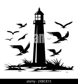 Logo Eagle Lighthouse o icona di linea moderna. Grafica a linee vettoriali e design a icone con un contorno audace. Isolamento simbolo minimalista Pixel Perfect in bianco e nero Illustrazione Vettoriale