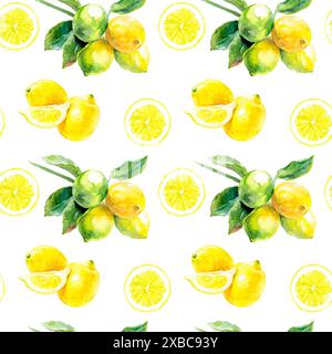 Un'illustrazione ad acquerello senza cuciture con motivo al limone con foglie verdi in uno stile disegnato a mano Foto Stock