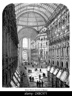 Questa squisita incisione in bianco e nero del XIX secolo mostra la Galleria Vittorio Emanuele II di Milano, un capolavoro di architettura italiana progettato da Giuseppe Mengoni. Le opere d'arte catturano splendidamente la grandezza della galleria con cupola di vetro, evidenziando le sue eleganti opere in ferro, i mosaici intricati e i lussuosi negozi. La scena è piena di mecenati ben vestiti che passeggiano e fanno shopping, riflettendo l'opulenza e la vivacità culturale di Milano durante il periodo. La cura artigianale dell'incisione offre uno sguardo senza tempo su uno dei negozi più antichi e prestigiosi del mondo Foto Stock