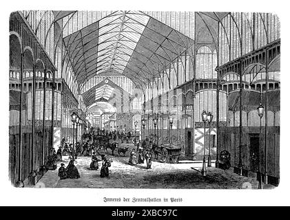 Questa accattivante incisione in bianco e nero del XIX secolo ritrae Les Halles Baltard a Parigi, il famoso mercato centrale progettato dall'architetto Victor Baltard. L'opera d'arte raffigura in modo intricato lo splendore architettonico dei padiglioni in ferro e vetro, mostrando il loro design elegante ma funzionale. Animata da venditori e acquirenti, la scena cattura vibrantemente l'essenza della vita del mercato parigino. L'artigianato dettagliato dell'incisione mette in risalto l'innovativa miscela di elementi tradizionali e moderni, che riflette la dinamica cultura urbana e i progressi architettonici della Parigi del XIX secolo Foto Stock