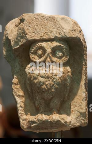 Gufo di Atena, statua in pietra, simbolo della saggezza, Museo dell'Acropoli, Atene, Grecia Foto Stock