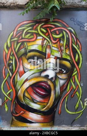 Medusa, testa femminile con capelli di serpenti colorati, murale nel quartiere Anafiotika, Street art, Atene, Grecia Foto Stock