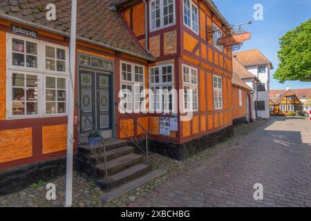 Faborg, Faaborg, pittoresca città vecchia con case colorate, Den gamle Gaard, il vecchio cortile, la strada, case a graticcio, ciottoli, Fyn Foto Stock