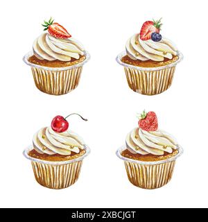 Set di muffin. Illustrazione ad acquerello disegnata a mano isolata su sfondo bianco. Per biglietti di compleanno, inviti, menu, panetteria, poster, striscioni, etichette. Foto Stock