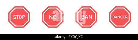 Set di segnali proibitivi, stop, no, ban, vettore di pericolo. Serie di segni di divieto vettore. Icone semplici degli esagoni per il vettore di avvertimento. Illustrazione Vettoriale