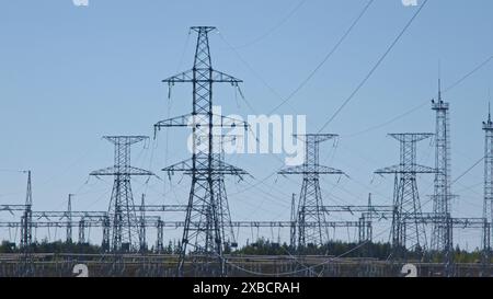 Molti poli di linee elettriche ad alta tensione contro il cielo Foto Stock