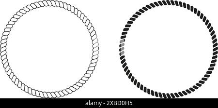 Telai rotondi bianchi e neri. Bordi circolari in canapa o acciaio di corde o fili, cavi o iuta. Elementi di design su temi marittimi, yacht o nautici. Illustrazione grafica vettoriale. Illustrazione Vettoriale