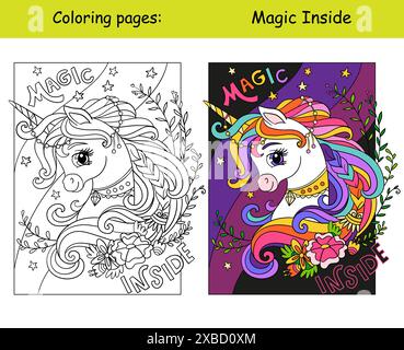 Unicorno magico con fiori con scritta Magic Inside. Illustrazione vettoriale cartoni animati. Pagina da colorare monocromatica per bambini con modello colorato. Per colori Illustrazione Vettoriale