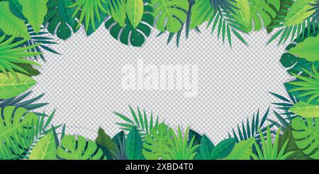 Cornice bordo foglia tropicale illustrazione vettoriale fogliame giungla verde con sfondo trasparente Illustrazione Vettoriale
