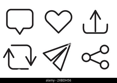 Icone vettoriali dei social media. Simboli di contorno neri. Comunicazione e condivisione. Design minimalista. Illustrazione Vettoriale