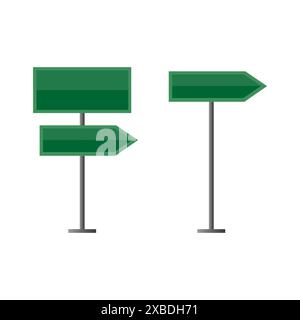 Cartelli stradali verdi. Frecce sui pali. Indicatori di direzione. Guida al traffico. Illustrazione Vettoriale