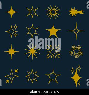Set di icone a stella. Forme di stelle dorate. Sfondo blu scuro. Collezione vettoriale decorativa. Illustrazione Vettoriale
