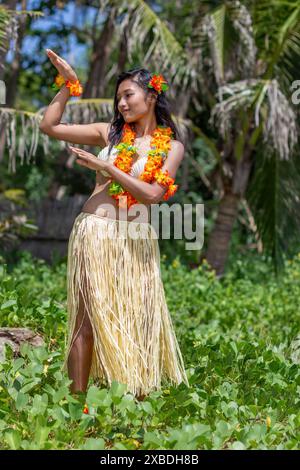 Danzatrice hula delle Hawaii danzante nella natura tropicale Foto Stock