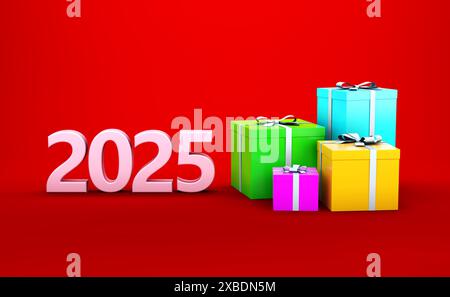 Nuovo concetto di design creativo anno 2025 con confezioni regalo - immagine con rendering 3D. Foto Stock