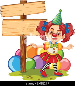 Clown felice con palloncini e cartello di legno Illustrazione Vettoriale