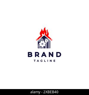 Progettazione di logo per l'ingegneria dei vigili del fuoco. Semplice icona dell'attrezzatura da illustrazione silhouette interna della casa con tetto in fiamme. Illustrazione Vettoriale
