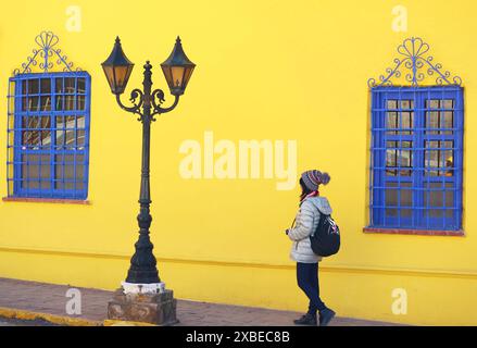 Viaggiatore che cammina lungo un accattivante edificio d'epoca con una splendida lampada Foto Stock