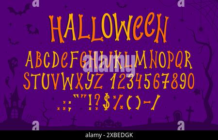 Font Halloween, tipo di ossa spaventose, carattere natalizio, alfabeto spettrale inglese sul paesaggio di sagoma del cimitero. Natale di Halloween ABC ossa lettere e cifre, caratteri di carattere inquietanti simboli vettoriali Illustrazione Vettoriale