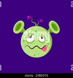 Personaggio emoji alieno delle festività di Halloween con una pelle verde inquietante, occhi spaventosi e lingua aderente. Vettoriale isolato divertente personaggio confuso o sconcertato, che sfoggia un'atmosfera extraterrestre minacciosa Illustrazione Vettoriale