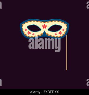 Maschera per cabina fotografica del giorno morto con oggetti di scena. La vacanza messicana dia de los muertos è caratterizzata da un travestimento vivace e intricato, decorata con motivi colorati e motivi simbolici, che catturano l'essenza dell'evento celebrativo Illustrazione Vettoriale