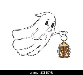 Personaggio fantasma di Halloween cartoni animati con lanterna per le notti horror natalizie, cartone animato retrò vettoriale. Fantasma di boo che vola con la lanterna delle candele, poltergeist funky per le festività di Halloween in un cartone animato retrò Illustrazione Vettoriale