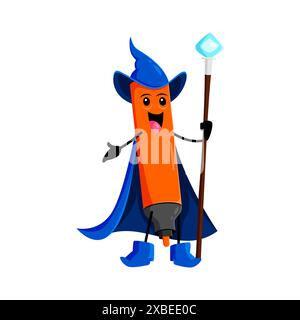 Cartoni animati Halloween pennarello scuola di cartoleria mago, mago e strega personaggio. Personaggio di stregone vettoriale isolato in un costume magico, completo di un cappello appuntito e di un bastone affascinante Illustrazione Vettoriale