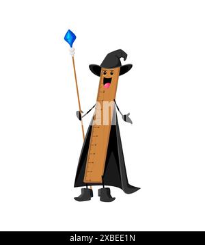 Cartoon Halloween School ruler cancelleria mago, mago e strega. Personalità vettoriale isolata in un abito magico che brandisce un bastone, lanciando incantesimi in un'avventura incantata in classe Illustrazione Vettoriale