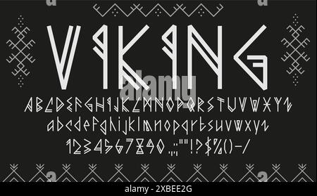 Carattere vichingo, tipo runa nordica, carattere scandinavo etnico, alfabeto epico nordico. caratteri latini bianchi vettoriali abc lettere maiuscole e minuscole, numeri e segni di punteggiatura ispirati alla scrittura delle rune nordiche Illustrazione Vettoriale