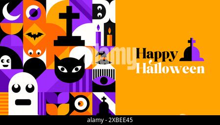 Striscione di Halloween con moderno motivo geometrico astratto Bauhaus. Banner orizzontale vettoriale per le festività di Halloween. Motivo geometrico Bauhaus o sfondo con fantasma, gatto nero, pipistrello e cimitero Illustrazione Vettoriale