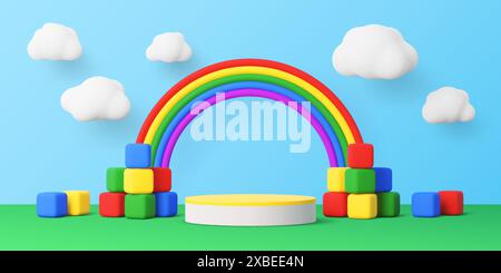 Palcoscenico per bambini con arcobaleno e blocchi di giocattoli o nuvole 3D nel cielo, sfondo vettoriale. Espositore di prodotti per bambini, bambini o bambini e piedistallo dello showroom o podio espositivo con arcobaleno giocattolo Illustrazione Vettoriale