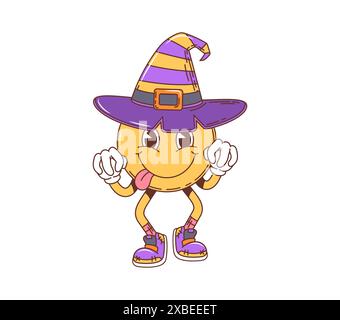 Emoji cartoni animati con un sorriso rétro di Halloween in un cappello da strega per le vacanze notturne horror, personaggio vettoriale. Sorriso comico divertente e divertente con faccia felice e lingua sciocca per il trucco o il regalo di Halloween Illustrazione Vettoriale