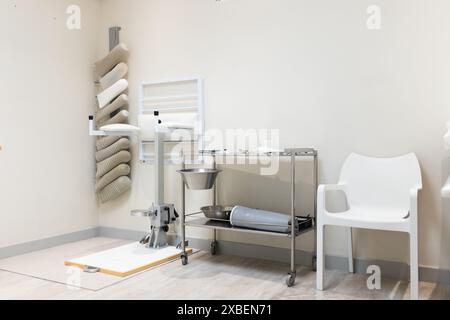 Apparecchiature di laboratorio protesiche disposte in modo ordinato su scaffali e carrello in uno spazio pulito e sterile. Sfondo bianco e decorazioni minimali che creano un ambiente organizzato e professionale Foto Stock