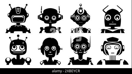 Set vettoriale di ritratti monocromatici di vari robot isolati dallo sfondo. Collezione di androidi con silhouette nera. illustrazioni di cybo infantile Illustrazione Vettoriale