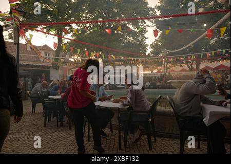 Vivace serata al Jardim da Grazia durante le famose feste dei santi, gente che cena sotto coloratissimi grappoli, fumosità alla griglia sale, personale con camicie rosse Foto Stock