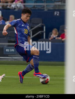 Kansas City, Kansas, Stati Uniti. 11 giugno 2024. Il Team USA e il Team Japan si riuniscono per l'ultima partita del Team USA prima delle Olimpiadi del 2024. Nella foto Mao Hasoya vince il vantaggio della end zone durante la seconda metà della partita al Children's Mercy Park di Kansas City, Kansas, l'11 giugno 2024. (Credit Image: © Serena S.Y. Hsu/ZUMA Press Wire) SOLO PER USO EDITORIALE! Non per USO commerciale! Foto Stock