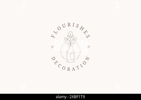Bouquet di fiori di narciso naturale in bottiglia con logo business minimalista cornice circolare con spazio per l'illustrazione del testo vettoriale. Flora rustica in fiore biologica Illustrazione Vettoriale
