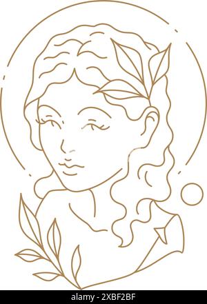 Illustrazione vettoriale dell'icona della linea monocromatica del busto della dea femminile antica. Monumento femminile decorato da una cornice circolare e un ramo d'albero con foglie isolate Illustrazione Vettoriale