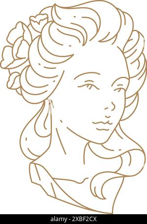 Elegante mitologia dea greca busto lineart illustrazione vettoriale. Monumento medievale bella femmina con fiori in capelli isolati su bianco. LUN Illustrazione Vettoriale